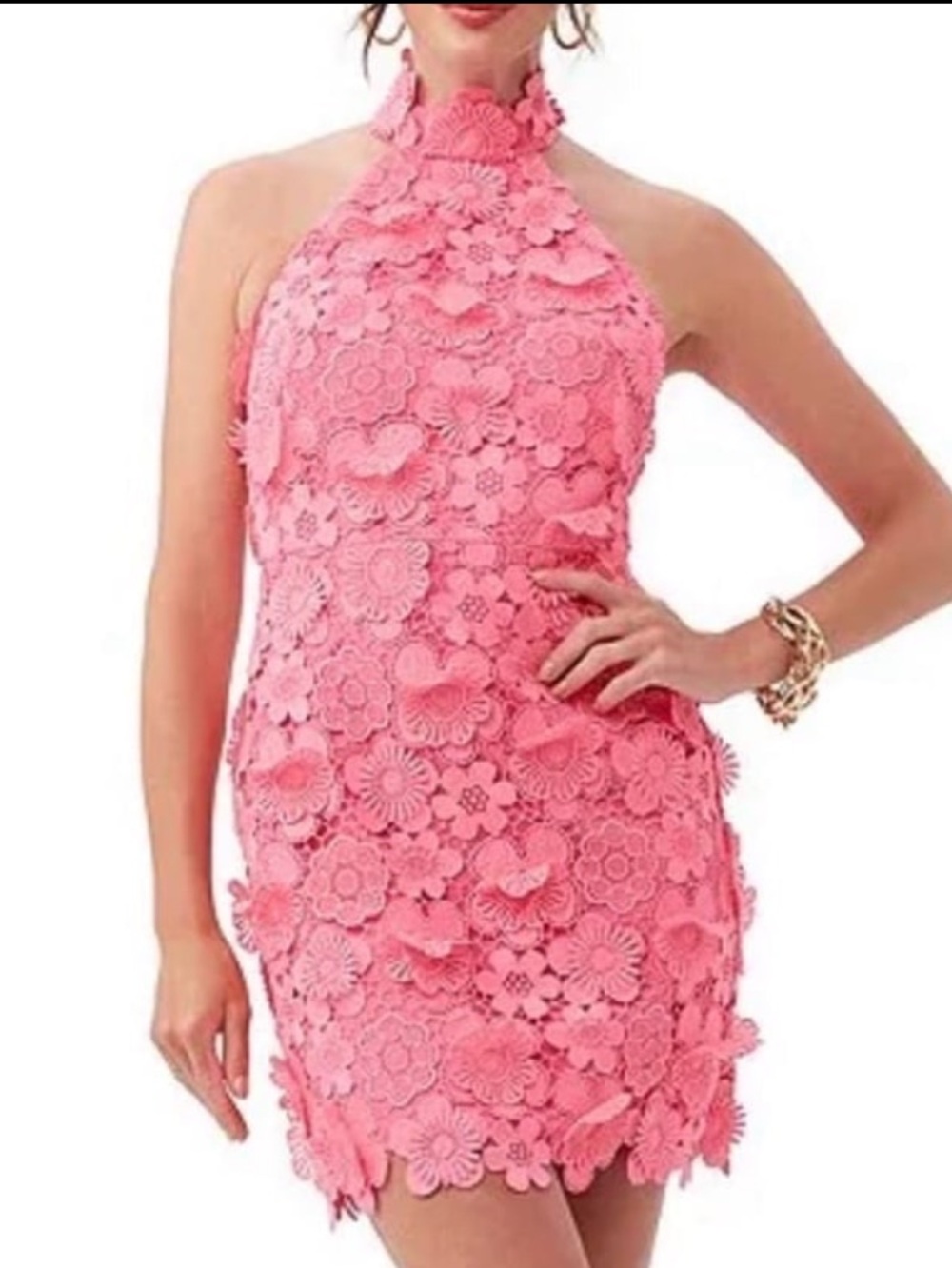 Trina Turk Liviah 3D Applique Floral Lace Halter Neck Sleeveless Sheath Dress